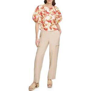 DKNY Abstract Print Puff Sleeve Blouse‎ Ivory Orange Blossom Multi Size XS